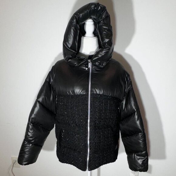 NWT BCBG MAX AZRIA Black Tweed Padded Zip Up Hooded Coat - XL - Picture 3 of 10